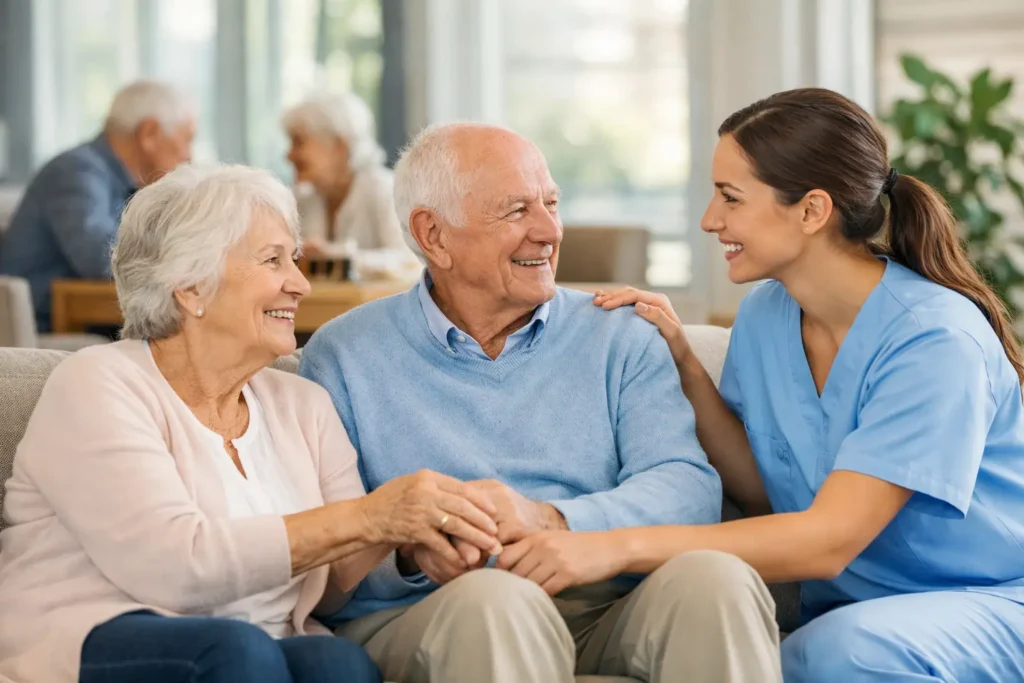 Elderly couple smiling and holding hands with a caregiver in a bright assisted living environment, illustrating companionship and support in senior care.