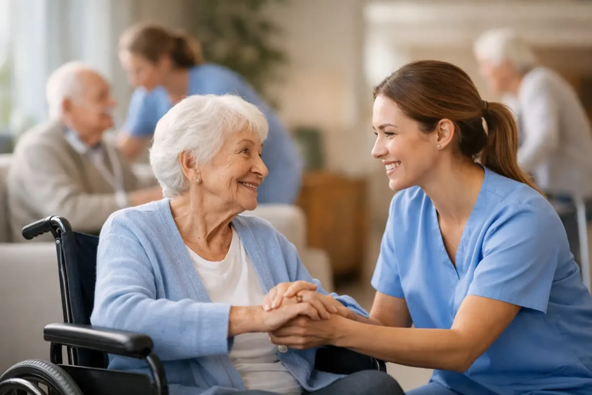 Senior caregiver interacting warmly with elderly woman in wheelchair, highlighting compassionate assisted living support and dignity in senior care environment.