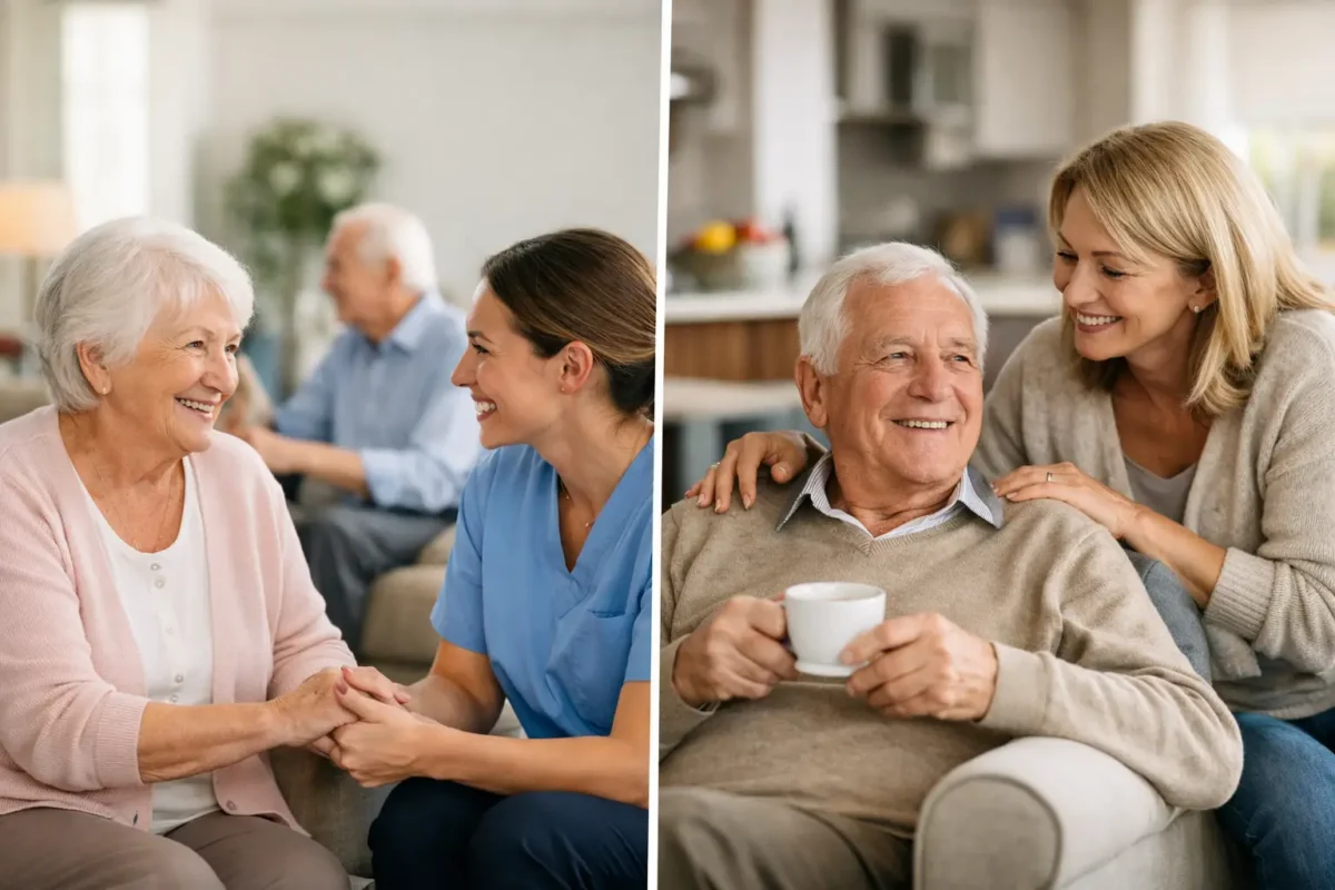 Smiling elderly woman engaging with caregiver and joyful senior man enjoying coffee with family member, illustrating companionship and support in assisted living.
