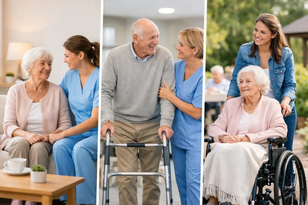 Seniors receiving assisted living support, including companionship, mobility assistance, and caregiving in a warm, inviting environment.