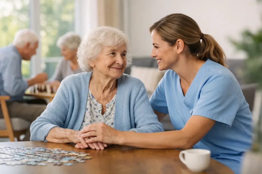 Smiling elderly woman with white hair and caregiver in blue scrubs, engaged in conversation over a puzzle in a warm, supportive memory care environment for dementia and Alzheimer's.