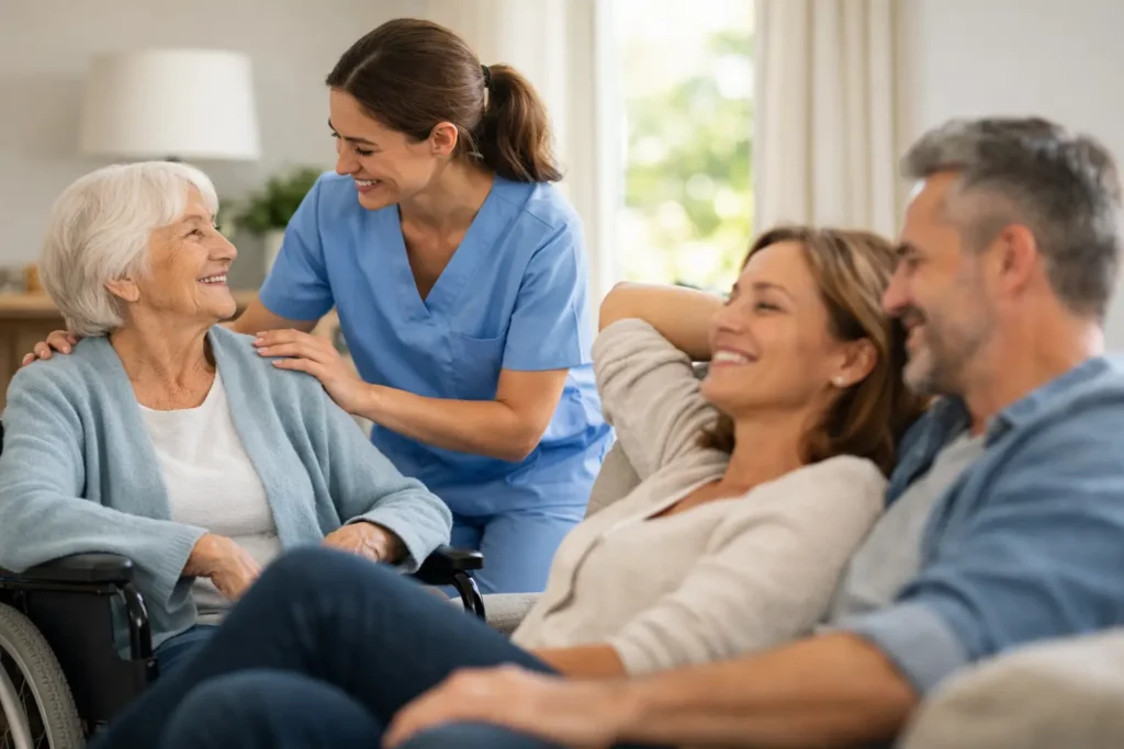 Smiling elderly woman in wheelchair receiving care from a nurse, surrounded by supportive family members, illustrating the importance of respite care for family caregivers at Aliviya Rose Manor.