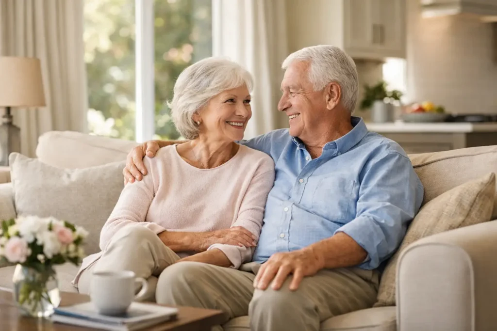 Senior couple enjoying time together on a cozy sofa, embodying the warmth and comfort of senior living that feels like home.