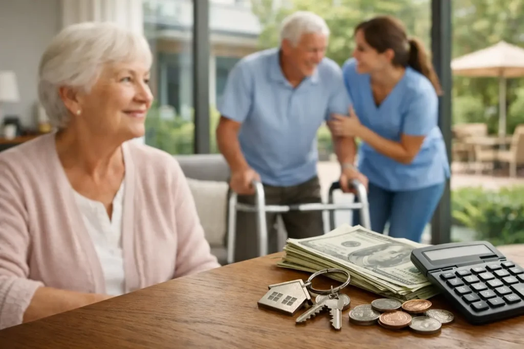 Senior woman smiling in foreground with caregiver assisting elderly man using walker; table with money, keys, and calculator representing assisted living costs.