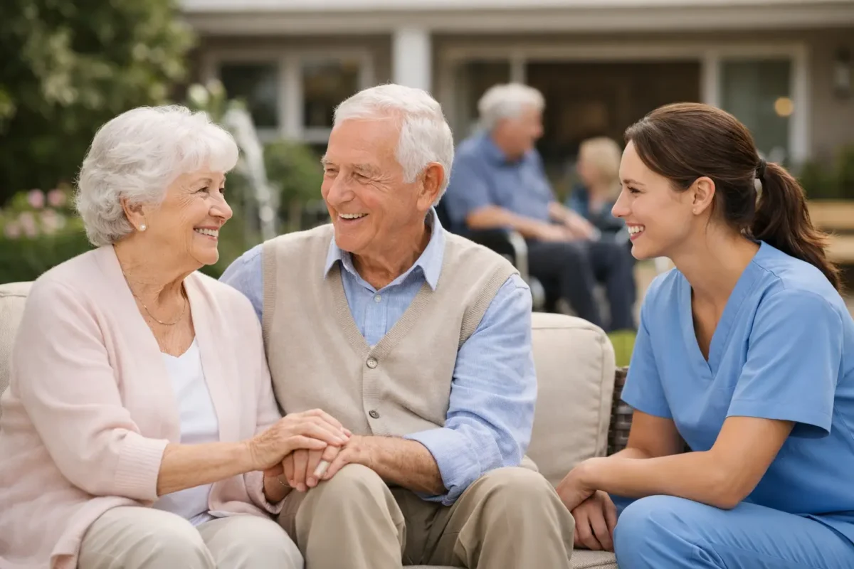Senior couple smiling and holding hands with a caregiver in a supportive living environment, emphasizing companionship and care in assisted living.