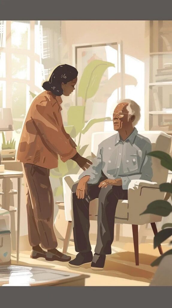 Caregiver assisting a senior in a cozy living room, highlighting the essence of respite care