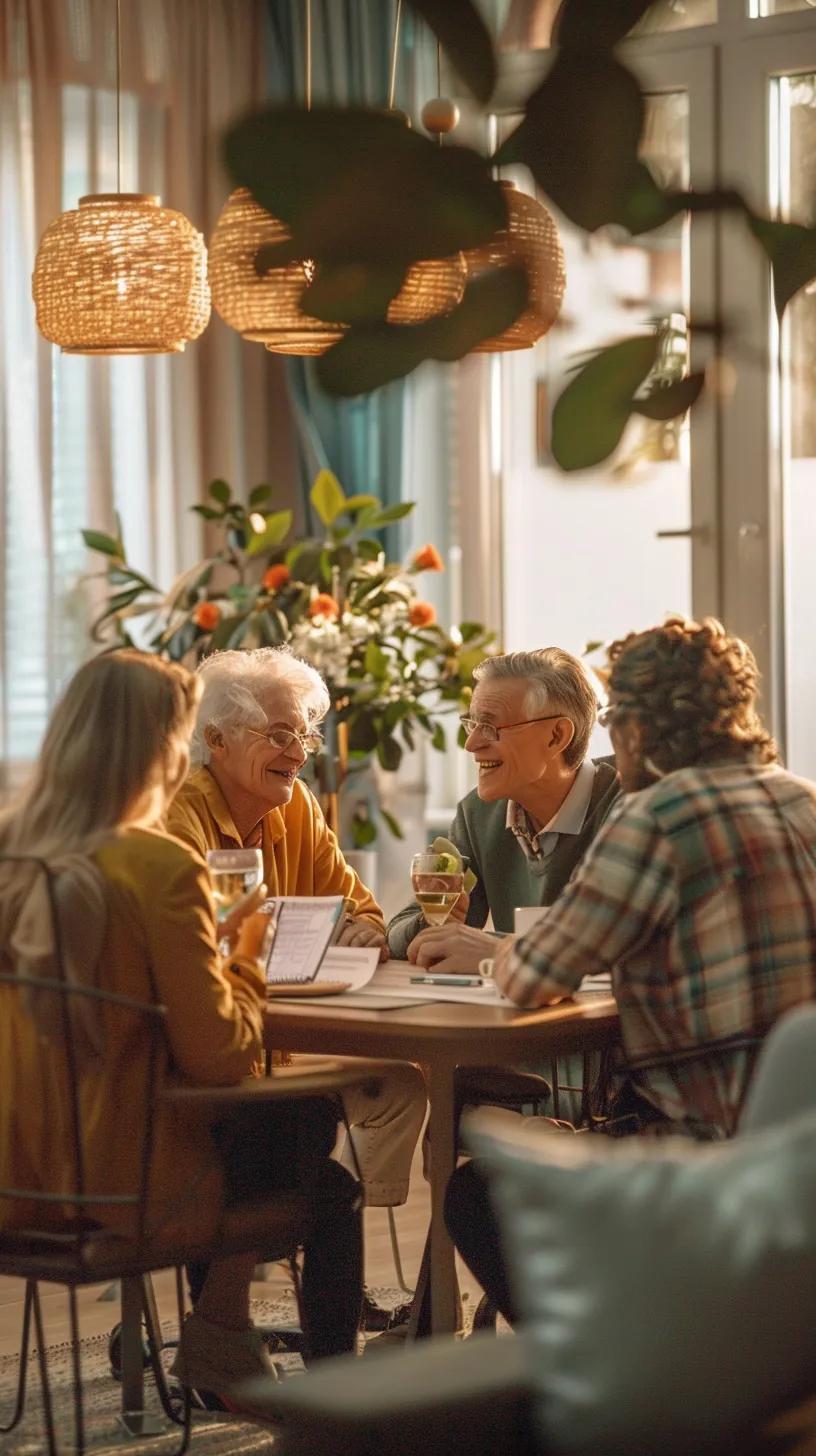 Seniors enjoying engaging conversation and refreshments at a table in a warm, inviting setting, reflecting the community activities offered at Aliviya Rose Manor in Spring Hill.