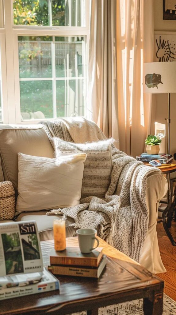 Personalized assisted living room setup with family photos and comfort items