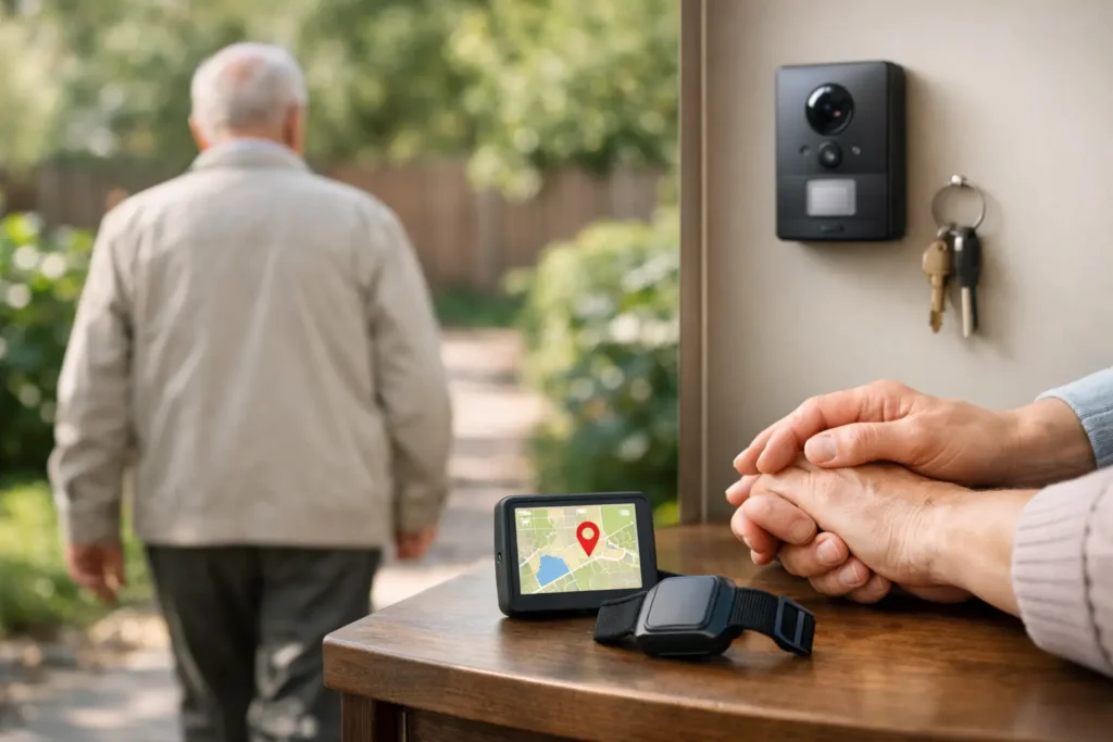 Elderly man walking outdoors with a GPS device and caregiver's hands holding, symbolizing dementia wandering prevention strategies.