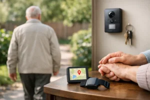 Elderly man walking outside near a home entrance, with a GPS device and wearable tracker on a table, symbolizing dementia wandering prevention strategies.