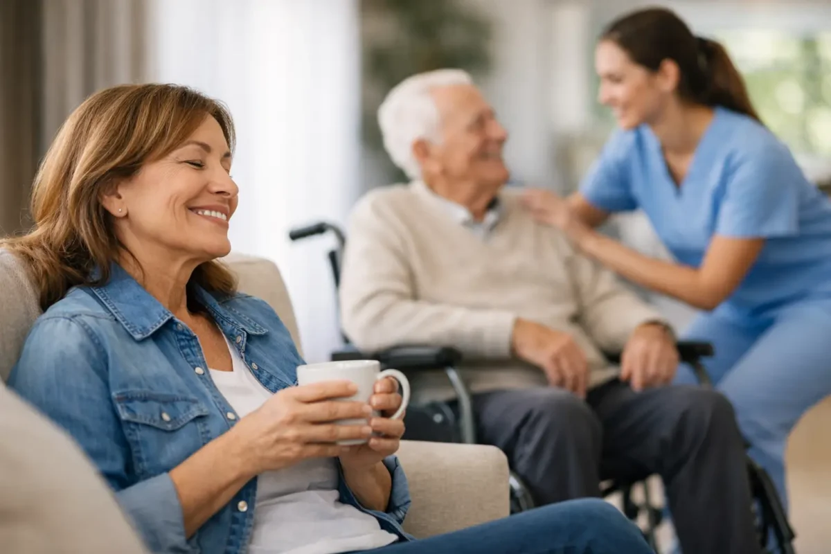 Smiling woman holding a cup, relaxed in a senior living facility, with a caregiver assisting an elderly man in a wheelchair, highlighting respite care benefits for families.