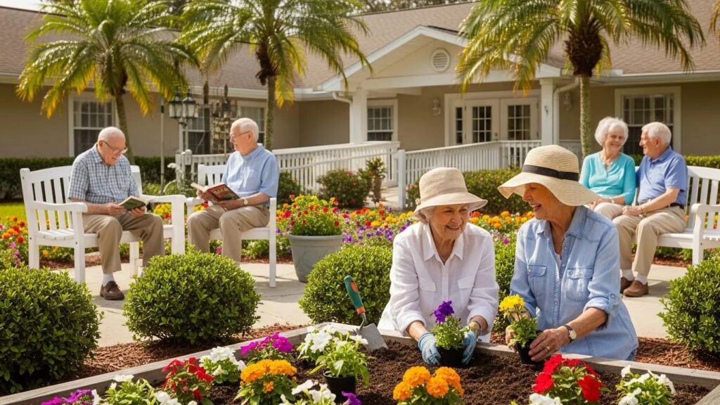 Seniors engaging in outdoor activities at Aliviya Rose Manor's vibrant garden, with two women planting flowers and two men reading nearby, highlighting the community's focus on enhancing quality of life for residents in assisted living in Spring Hill, FL.