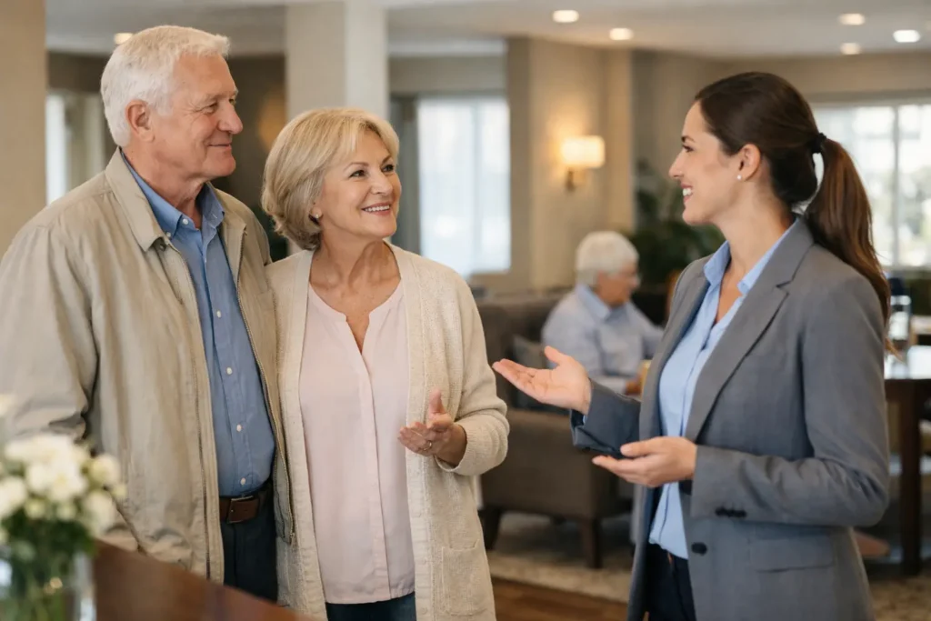 Couple engaging in conversation with staff member during assisted living tour, showcasing a welcoming senior living community atmosphere.