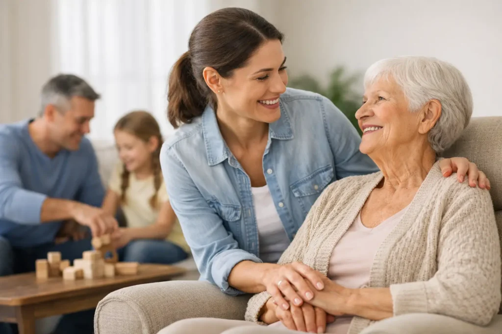 Family member providing companionship to elderly woman, emphasizing respite care and intergenerational support, with children playing in the background.