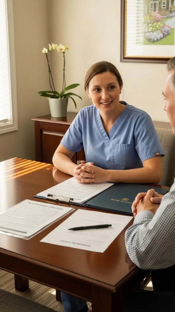 Caregiver discussing personalized care plan with family member in a comfortable office setting at Rose Manor, highlighting individualized senior care services.