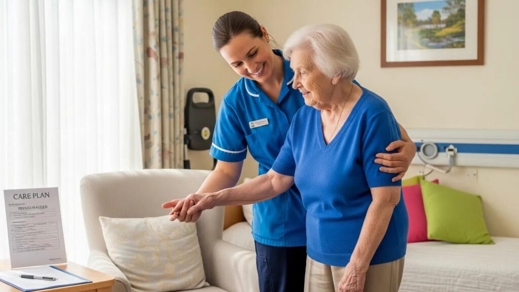 Caregiver assisting senior resident in a comfortable room, highlighting quality care standards and personalized support in assisted living.