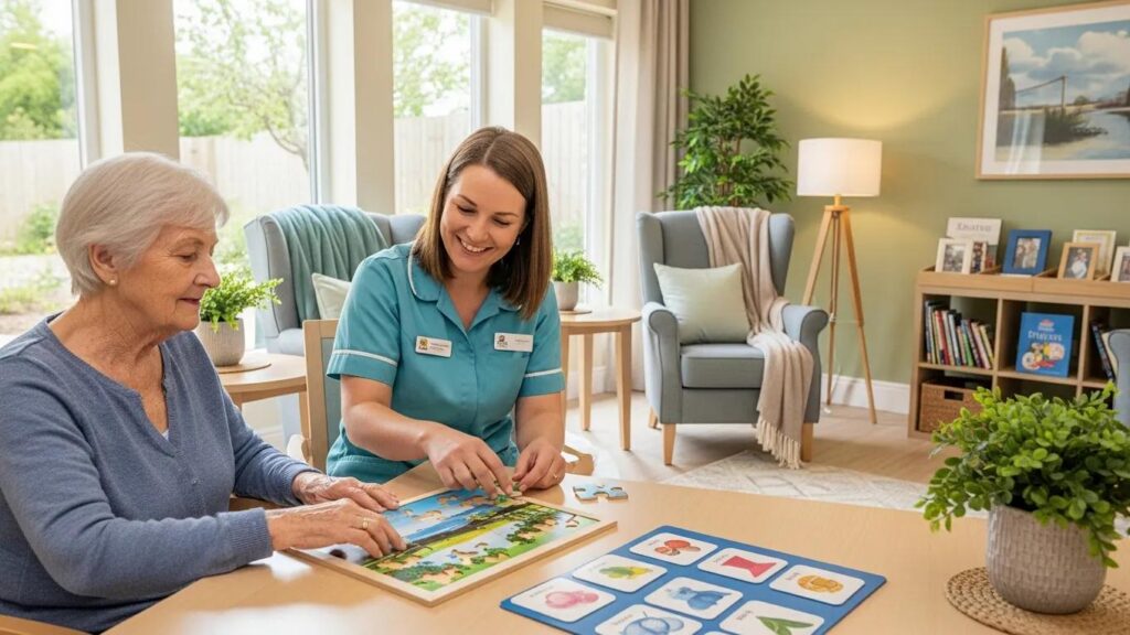 Caregiver assisting senior woman with cognitive activities using a puzzle in a bright, supportive memory care environment at Aliviya Rose Manor.