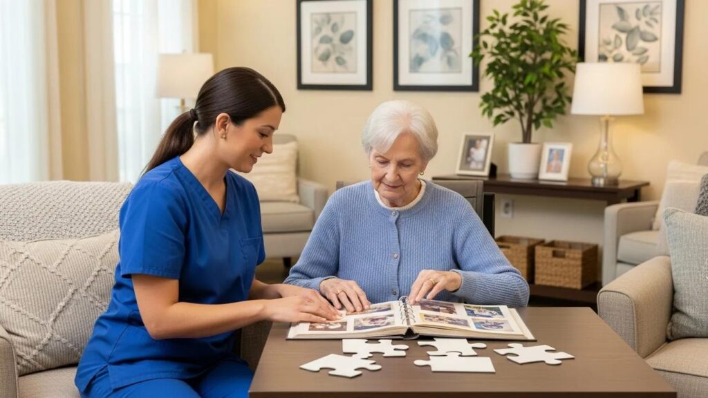 Caregiver assisting senior woman with memory-related activities, engaging with photo album and puzzle pieces in a supportive, home-like environment at Aliviya Rose Manor.