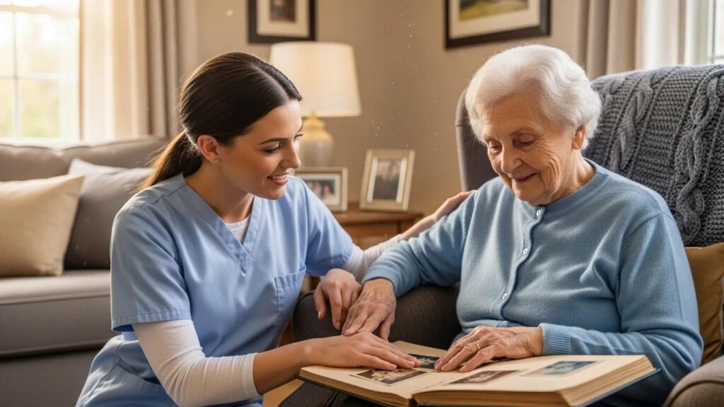 Caregiver assisting senior woman with dementia in cozy living space, engaging in memory-enhancing activity with photo album.