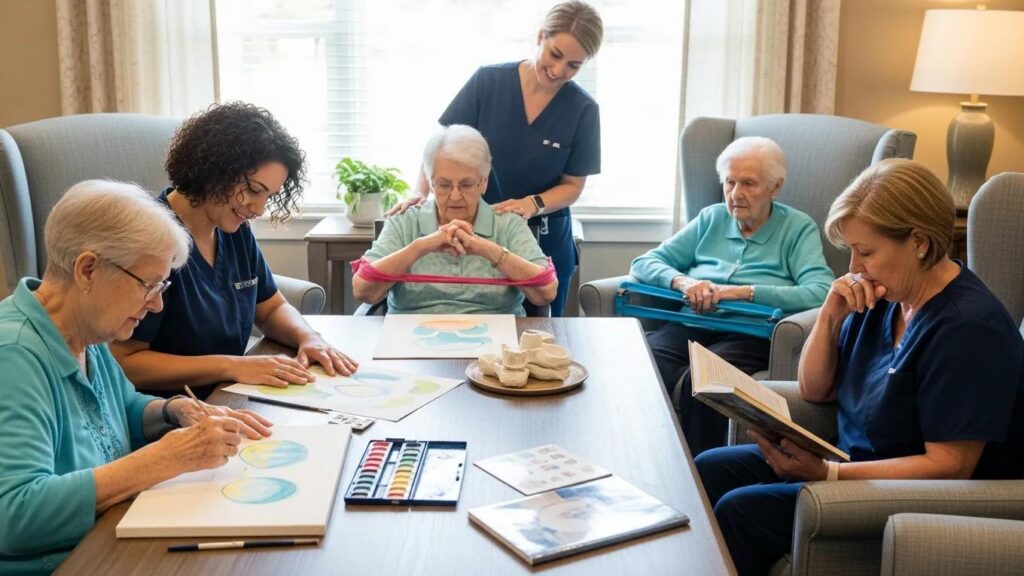 Caregivers engaging with residents in a boutique memory care setting, providing personalized attention through art activities and companionship.