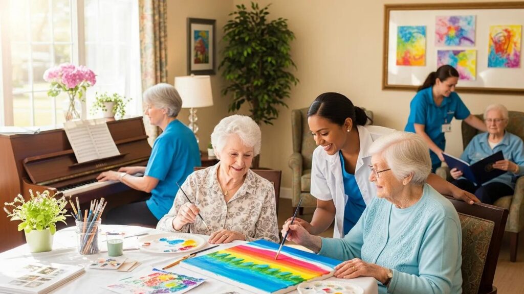 Caregivers engaging with seniors in art activities at Aliviya Rose Manor, highlighting personalized memory care and social interaction in a supportive environment.