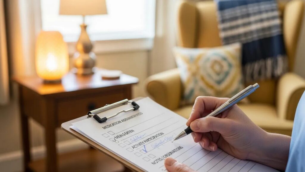 Close-up of a checklist being filled out in an assisted living environment