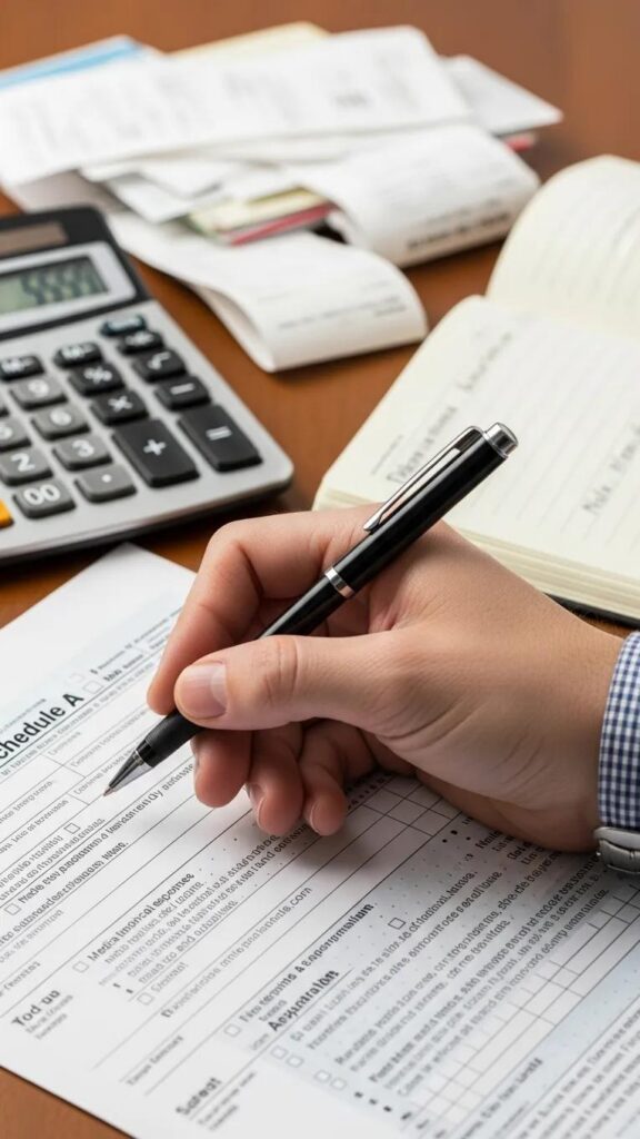Close-up of a hand filling out IRS Schedule A form with receipts and a calculator, emphasizing documentation for assisted living tax deductions.