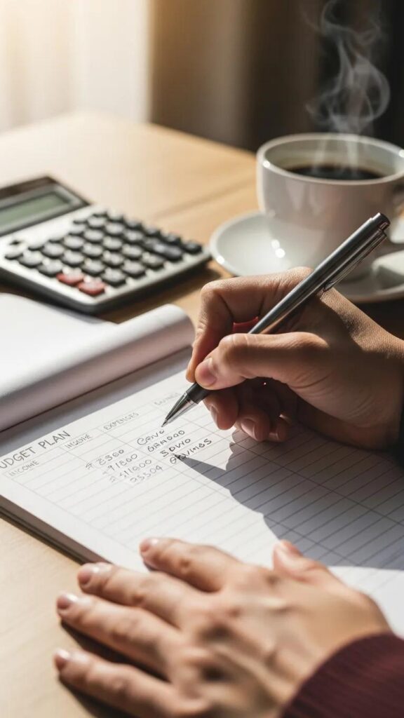 Hands writing a budget plan for elderly care on a notepad, with a calculator and a steaming cup of coffee nearby.