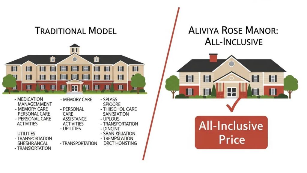 Comparison infographic highlighting traditional assisted living pricing model versus Aliviya Rose Manor's all-inclusive pricing, featuring illustrations of buildings and service lists.