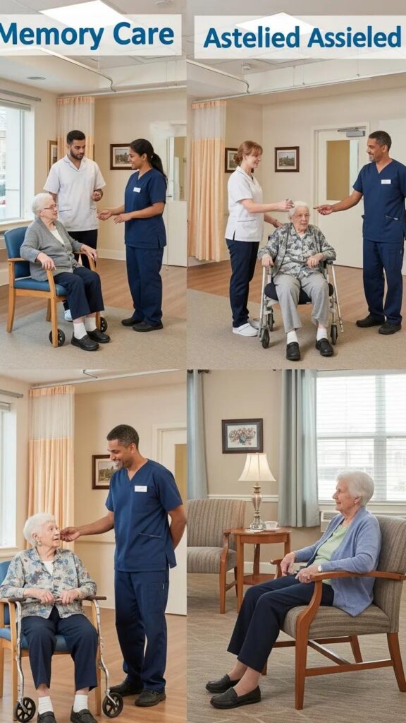 Memory care and assisted living comparison image showing caregivers interacting with elderly residents in supportive environments, highlighting personalized care in memory care and social engagement in assisted living settings.