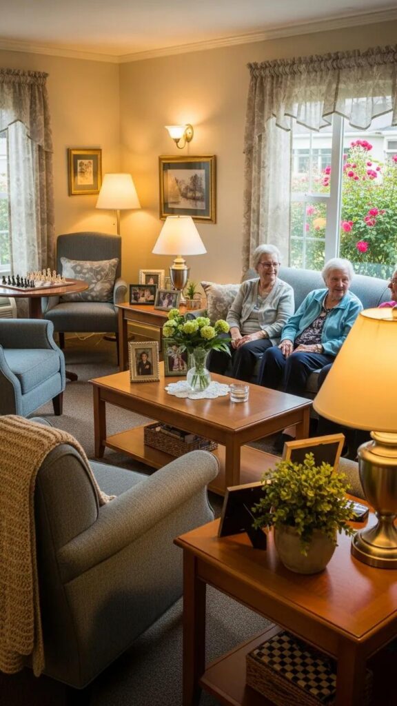 Cozy living room in Aliviya Rose Manor featuring two elderly women engaged in conversation, surrounded by warm lighting, comfortable seating, and community decor, emphasizing personalized care and a supportive environment.