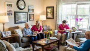 Cozy memory care environment at Aliviya Rose Manor, featuring residents engaged in activities with caregivers, promoting compassionate Alzheimer’s and dementia support.