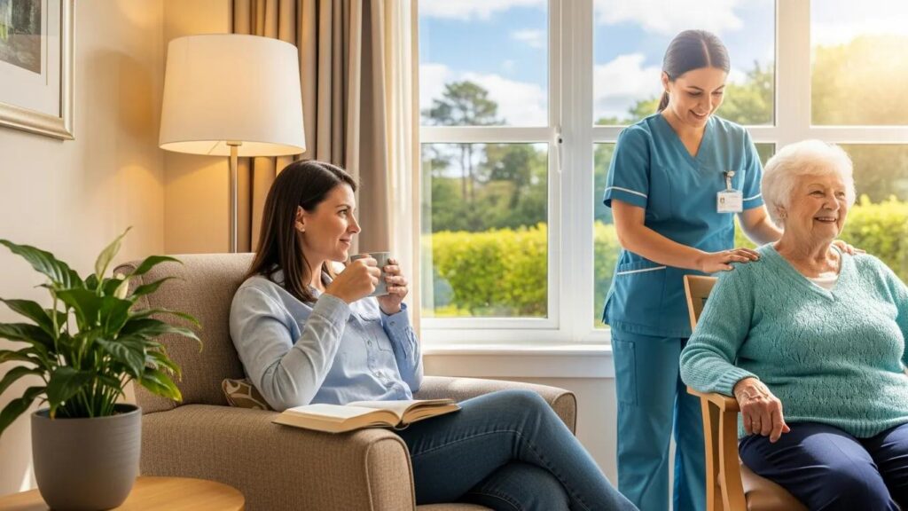 Family caregiver enjoying a break in a cozy assisted living environment while a caregiver provides attentive care to a senior loved one, highlighting the respite care services offered by Aliviya Rose Manor in Spring Hill, Florida.