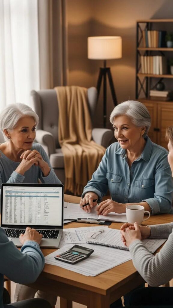 Family discussing assisted living expenses and tax deductions, with tax documents, laptop displaying financial data, calculator, and coffee cup on table.