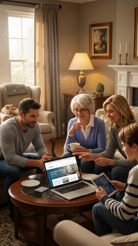 Family discussing assisted living options in a cozy living room, focusing on transparency in care, with a laptop displaying assisted living information.