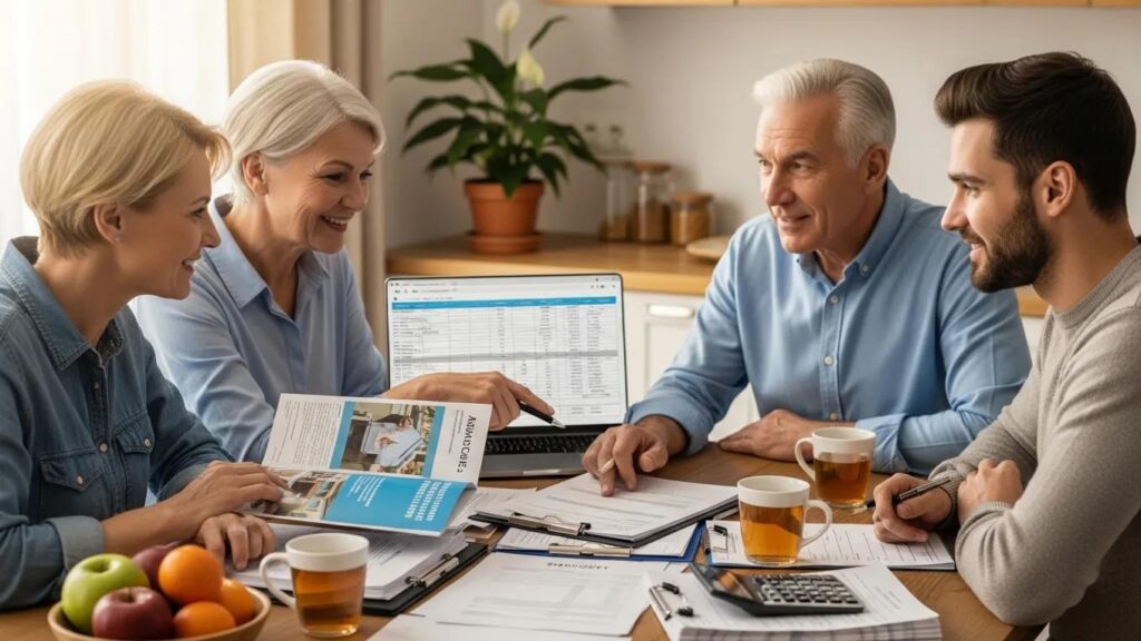Family discussing financial planning for assisted living, reviewing documents and resources, emphasizing communication and support in a warm, inviting setting.