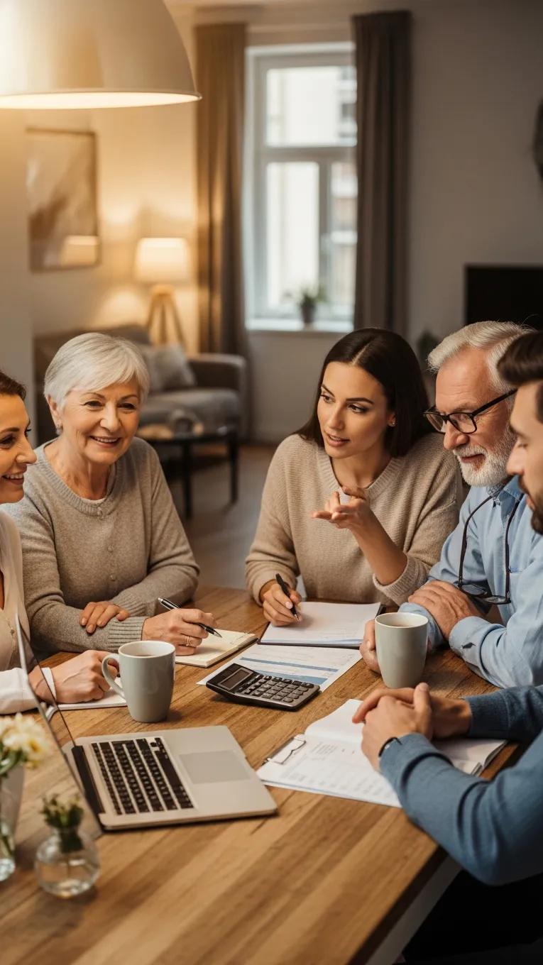 Family discussing financial planning for elderly care, reviewing documents, and using a laptop, emphasizing strategies for managing expenses and safeguarding assets.