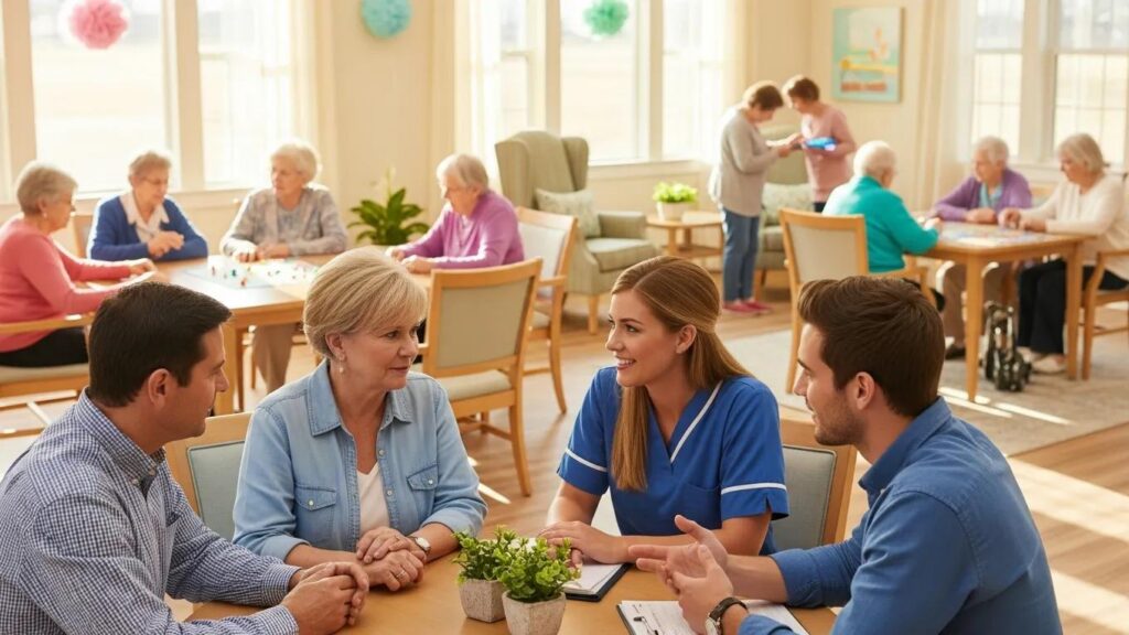 Family discussing memory care options with a staff member in a home