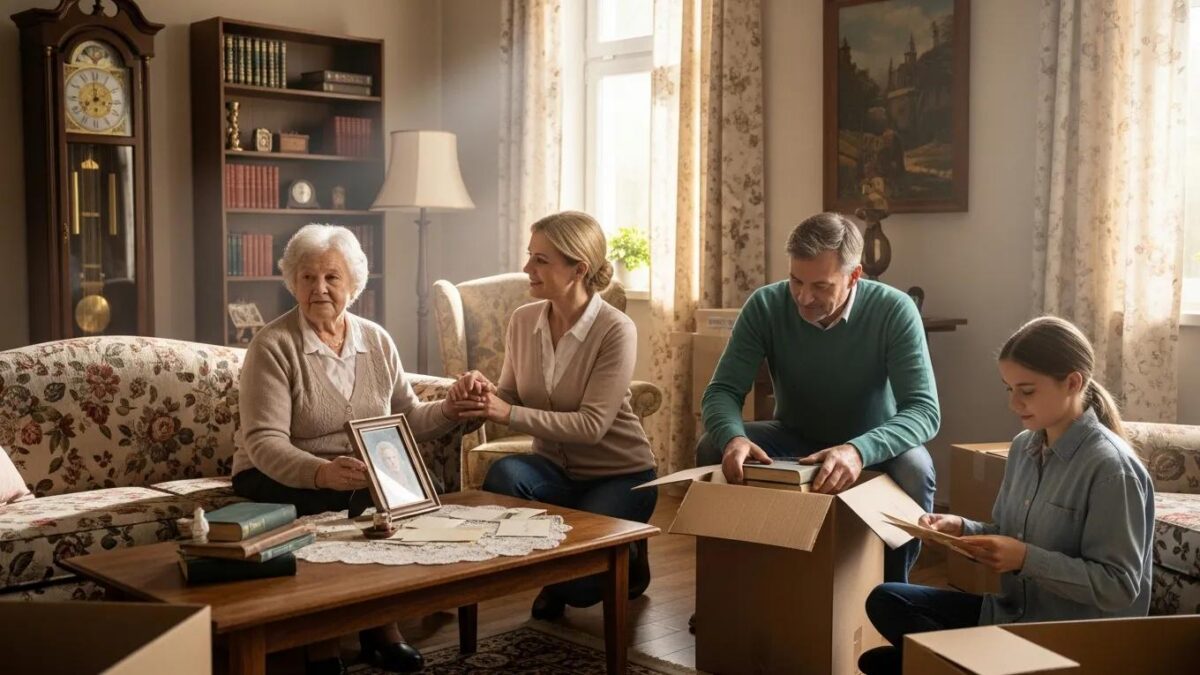 Family supporting an elderly loved one during the transition to assisted living, surrounded by boxes and personal belongings, in a warm, inviting living room.