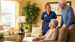 Family touring an assisted living facility with a friendly staff member