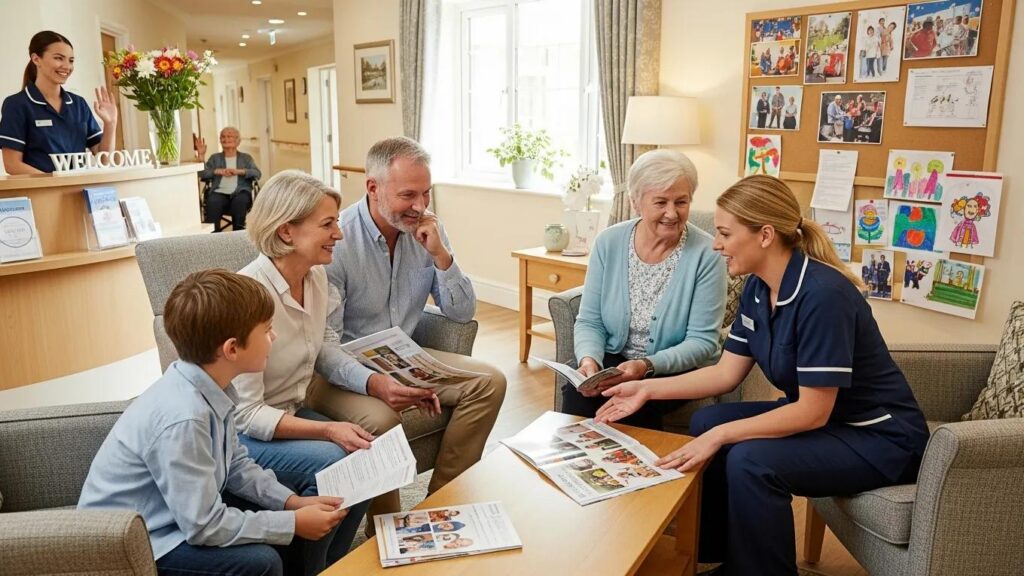 Family discussing care options in assisted living home with staff member, welcoming atmosphere, brochures on table, and artwork displayed on wall.