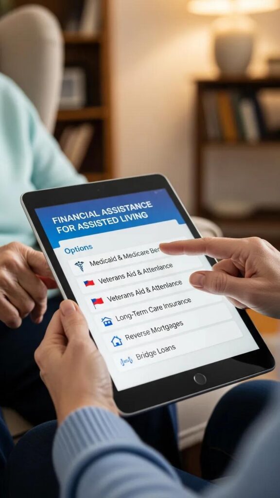 Hands holding a tablet displaying financial assistance options for assisted living, including Medicaid, Veterans Aid, Long-Term Care Insurance, Reverse Mortgages, and Bridge Loans.