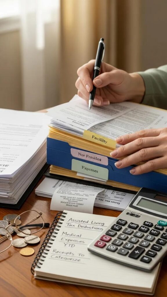 Hands organizing financial documents, including tax deductions for assisted living, with a calculator, receipts, and notes on expenses, emphasizing financial planning for senior care.