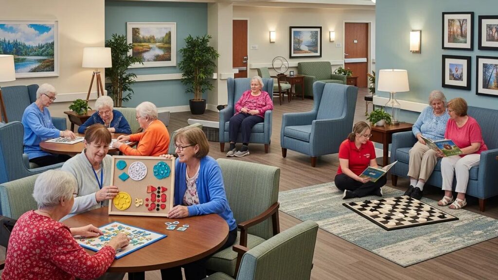 Seniors engaging in cognitive activities with staff in a memory care environment at The Palms Assisted Living, featuring group games and social interaction.
