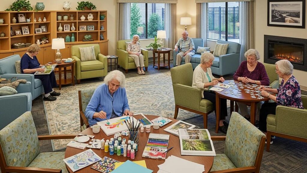 Seniors engaging in creative activities and puzzles in a comfortable common area at Aliviya Rose Manor, highlighting community engagement and memory care programs.