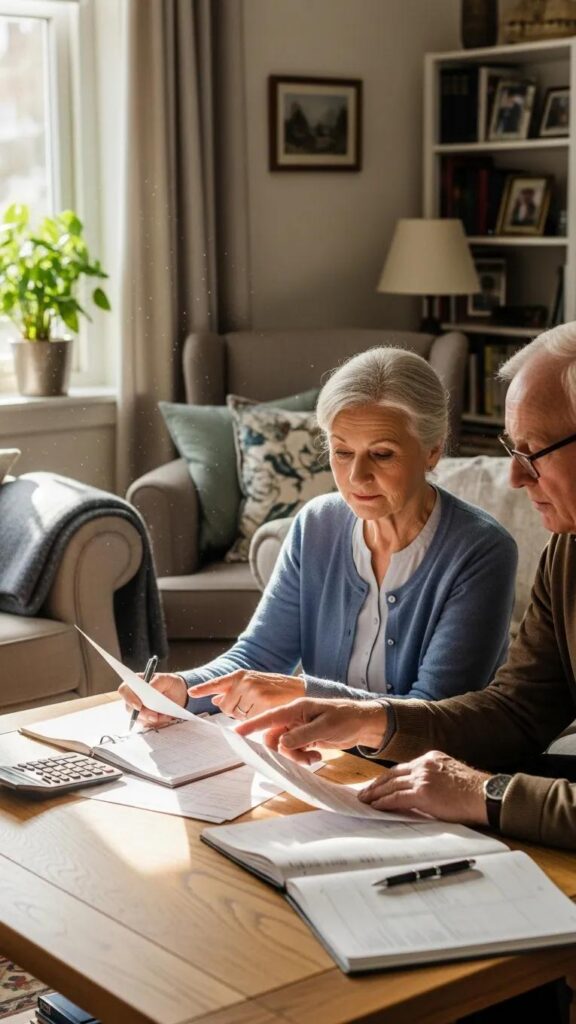 Senior couple reviewing financial documents at home, exploring funding options for elderly care, with calculator and papers on table.