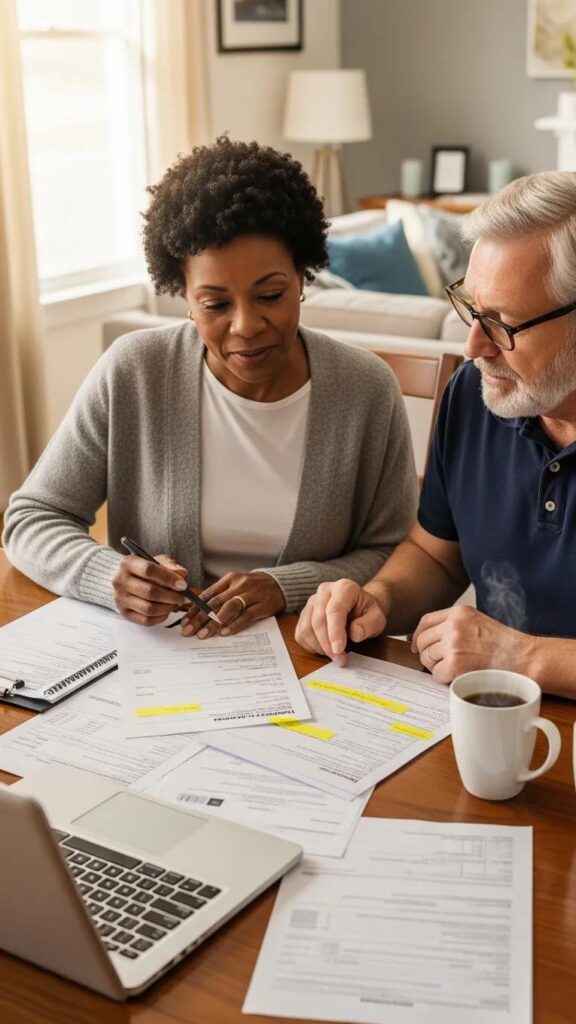 Senior couple reviewing medical expense documents and tax deductions at a dining table, with a laptop and coffee cup nearby.