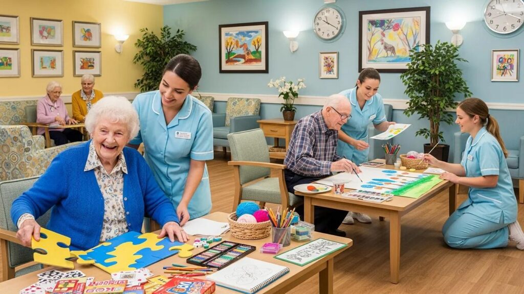 Seniors engaging in activities at a memory care facility with caregivers