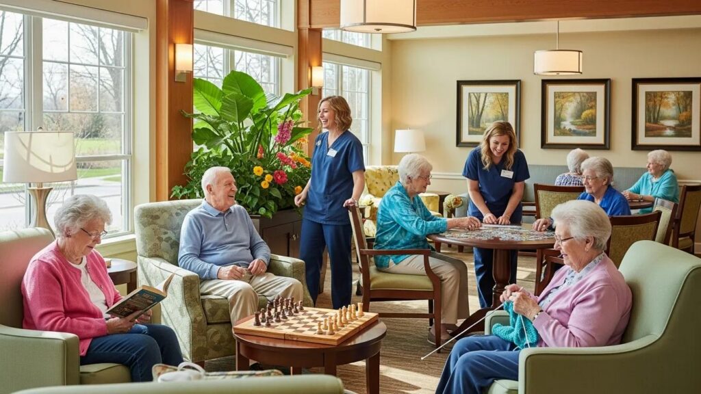 Seniors engaging in activities at The Palms Assisted Living facility in Spring Hill, FL, including reading, playing chess, and socializing with staff in a welcoming community environment.
