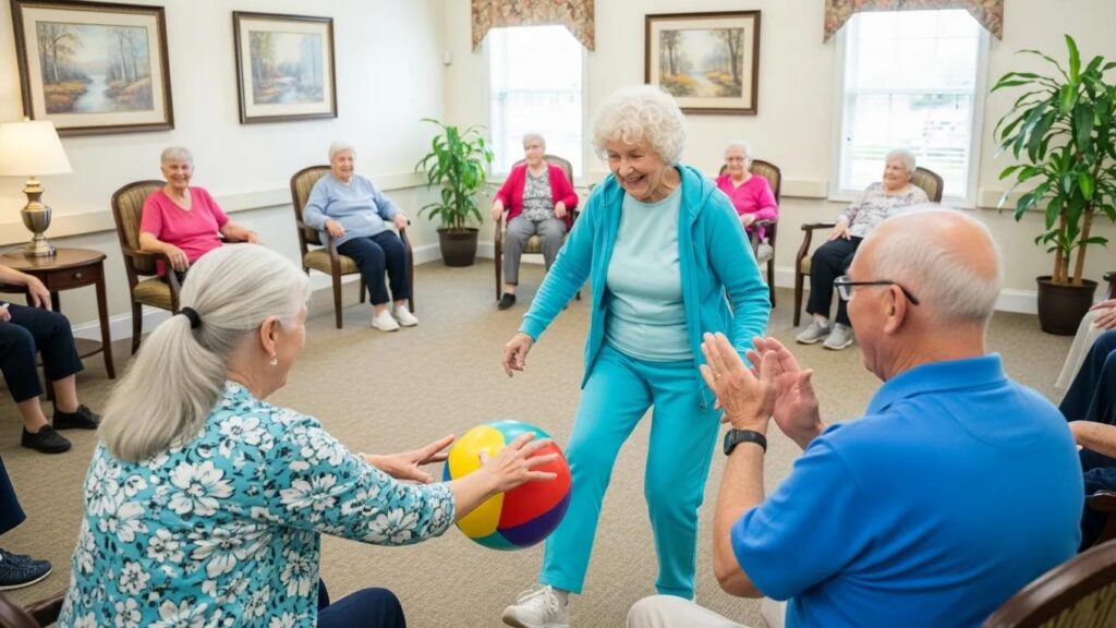 Seniors engaging in social activities at Aliviya Rose Manor, participating in a game with a colorful beach ball, promoting community and support in assisted living.